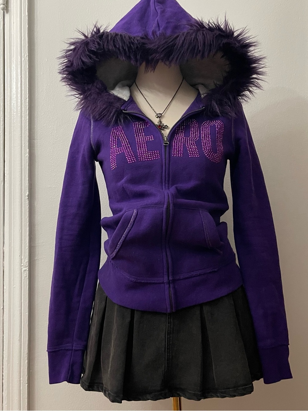 Aeropostale Purple Hooded Zip-Up Jacket with Faux-Fur Trim